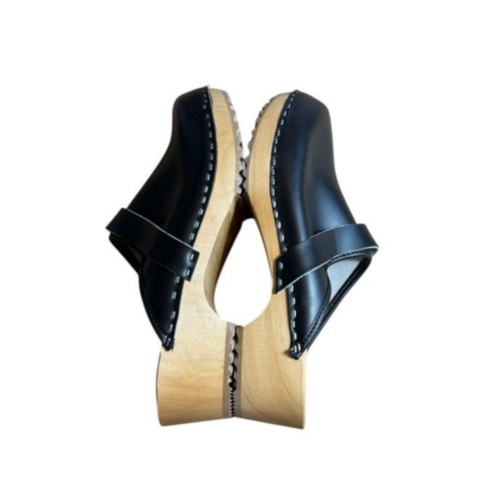 Bjork Maja Wood Clogs Shoes Womens EU 41 US 10 Black Leather Poland Boho Mules - Picture 4 of 10